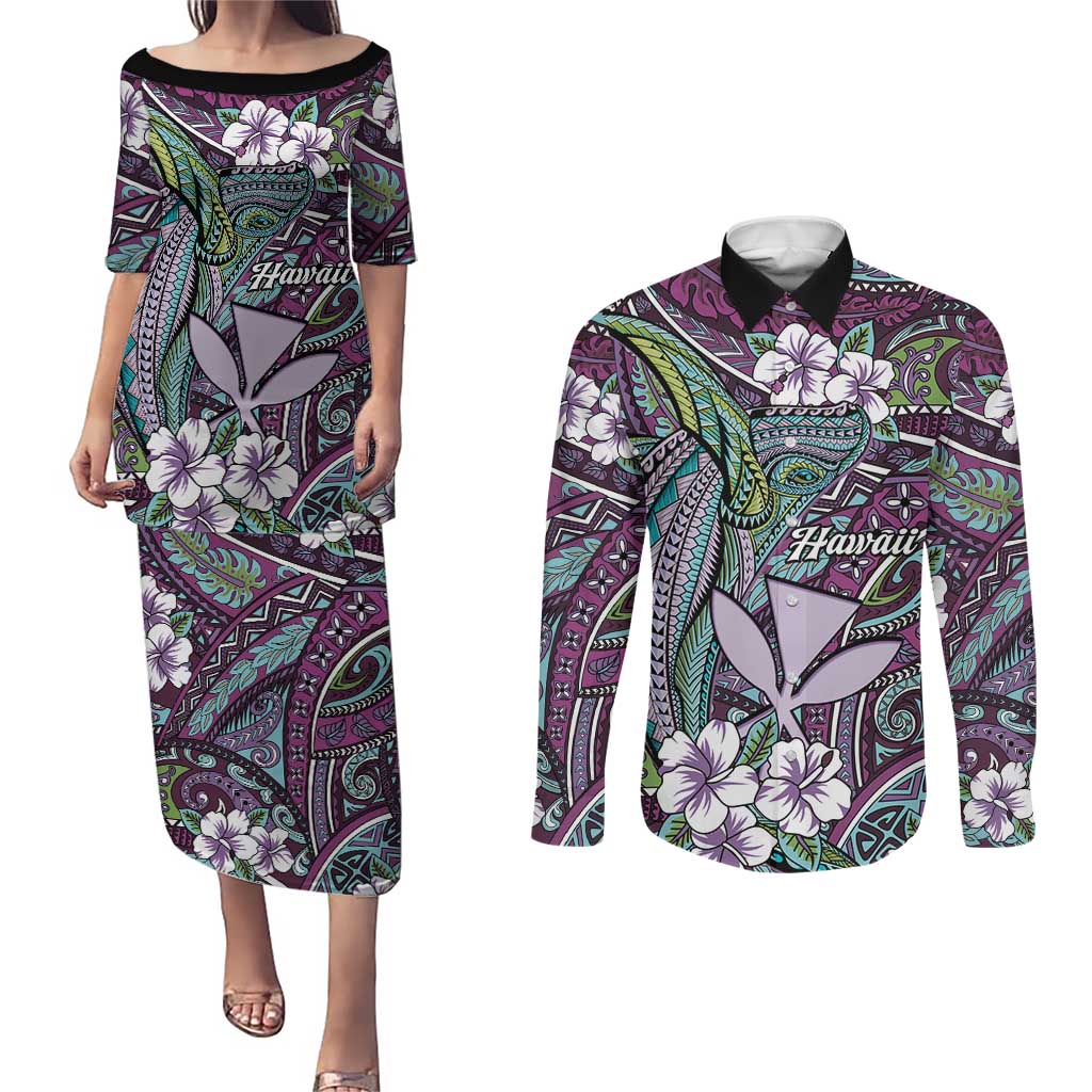 Personalised Hawaii Tribal Humpback Whale Couples Matching Puletasi and Long Sleeve Button Shirt Poni Hibiscus Seamless Pattern LT9 Purple - Polynesian Pride
