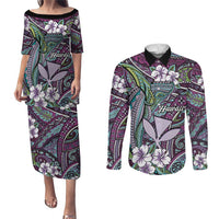 Personalised Hawaii Tribal Humpback Whale Couples Matching Puletasi and Long Sleeve Button Shirt Poni Hibiscus Seamless Pattern LT9 Purple - Polynesian Pride