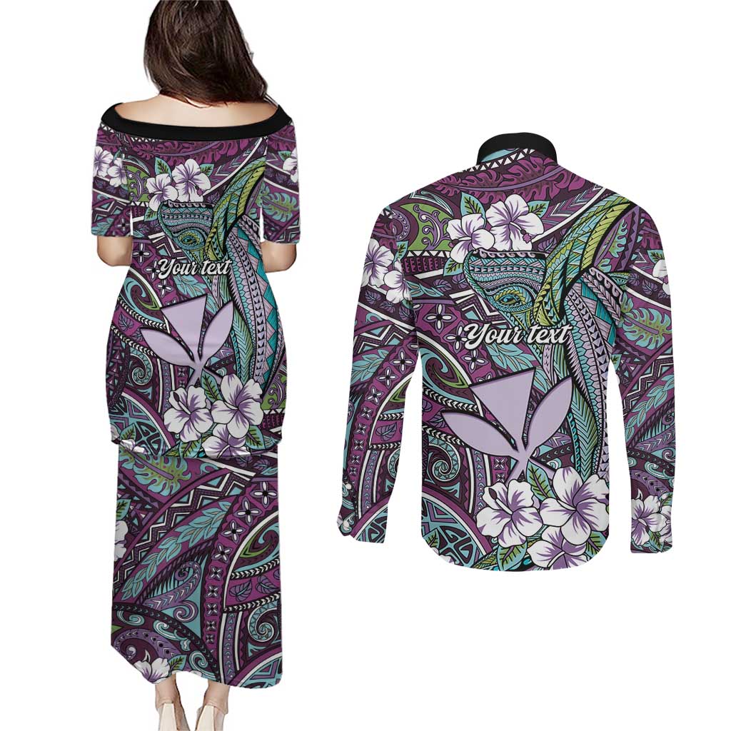 Personalised Hawaii Tribal Humpback Whale Couples Matching Puletasi and Long Sleeve Button Shirt Poni Hibiscus Seamless Pattern LT9 - Polynesian Pride