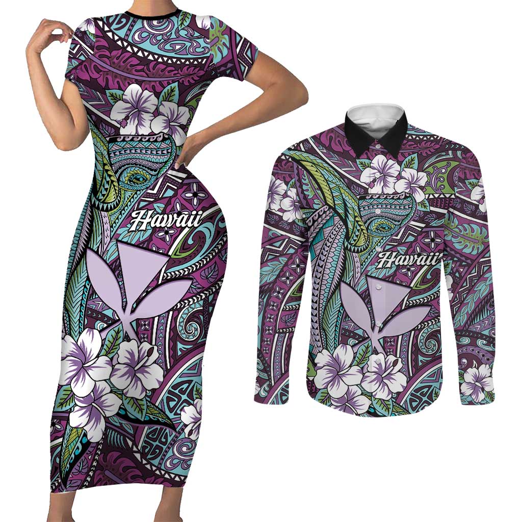 Personalised Hawaii Tribal Humpback Whale Couples Matching Short Sleeve Bodycon Dress and Long Sleeve Button Shirt Poni Hibiscus Seamless Pattern LT9 Purple - Polynesian Pride
