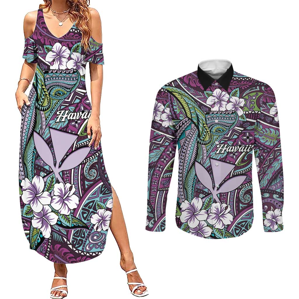 Personalised Hawaii Tribal Humpback Whale Couples Matching Summer Maxi Dress and Long Sleeve Button Shirt Poni Hibiscus Seamless Pattern LT9 Purple - Polynesian Pride