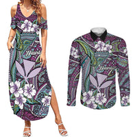 Personalised Hawaii Tribal Humpback Whale Couples Matching Summer Maxi Dress and Long Sleeve Button Shirt Poni Hibiscus Seamless Pattern LT9 Purple - Polynesian Pride