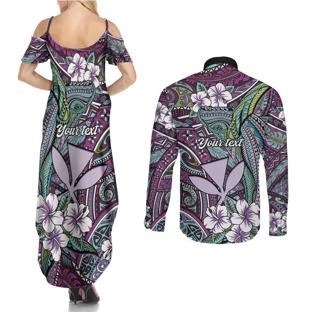 Personalised Hawaii Tribal Humpback Whale Couples Matching Summer Maxi Dress and Long Sleeve Button Shirt Poni Hibiscus Seamless Pattern LT9 - Polynesian Pride