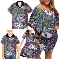 Personalised Hawaii Tribal Humpback Whale Family Matching Off Shoulder Short Dress and Hawaiian Shirt Poni Hibiscus Seamless Pattern
