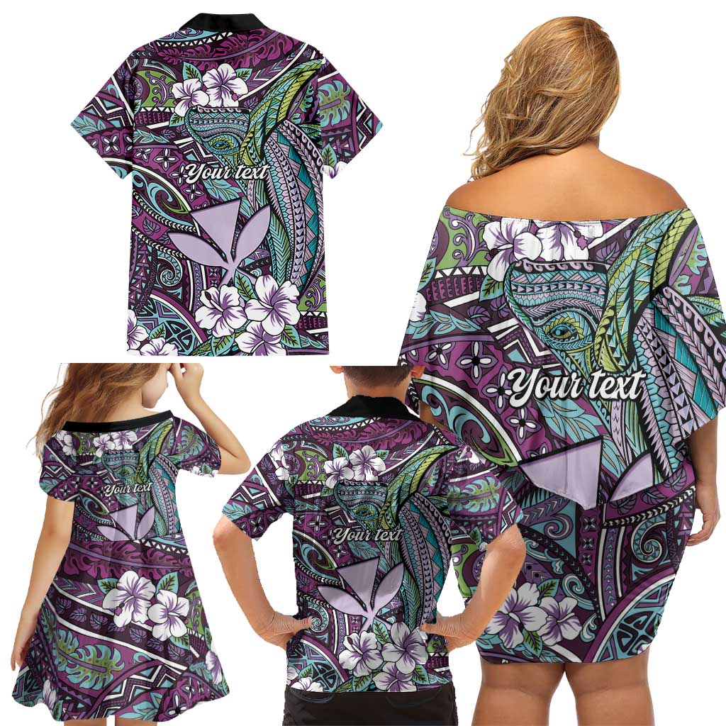 Personalised Hawaii Tribal Humpback Whale Family Matching Off Shoulder Short Dress and Hawaiian Shirt Poni Hibiscus Seamless Pattern