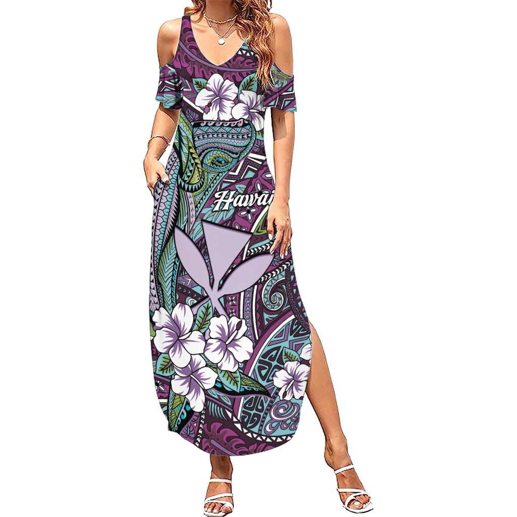 Personalised Hawaii Tribal Humpback Whale Family Matching Summer Maxi Dress and Hawaiian Shirt Poni Hibiscus Seamless Pattern