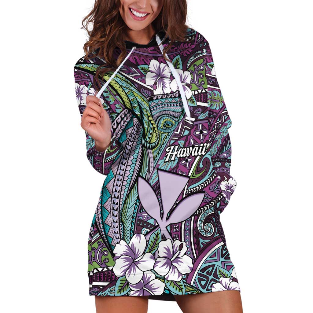 Personalised Hawaii Tribal Humpback Whale Hoodie Dress Poni Hibiscus Seamless Pattern LT9 Purple - Polynesian Pride