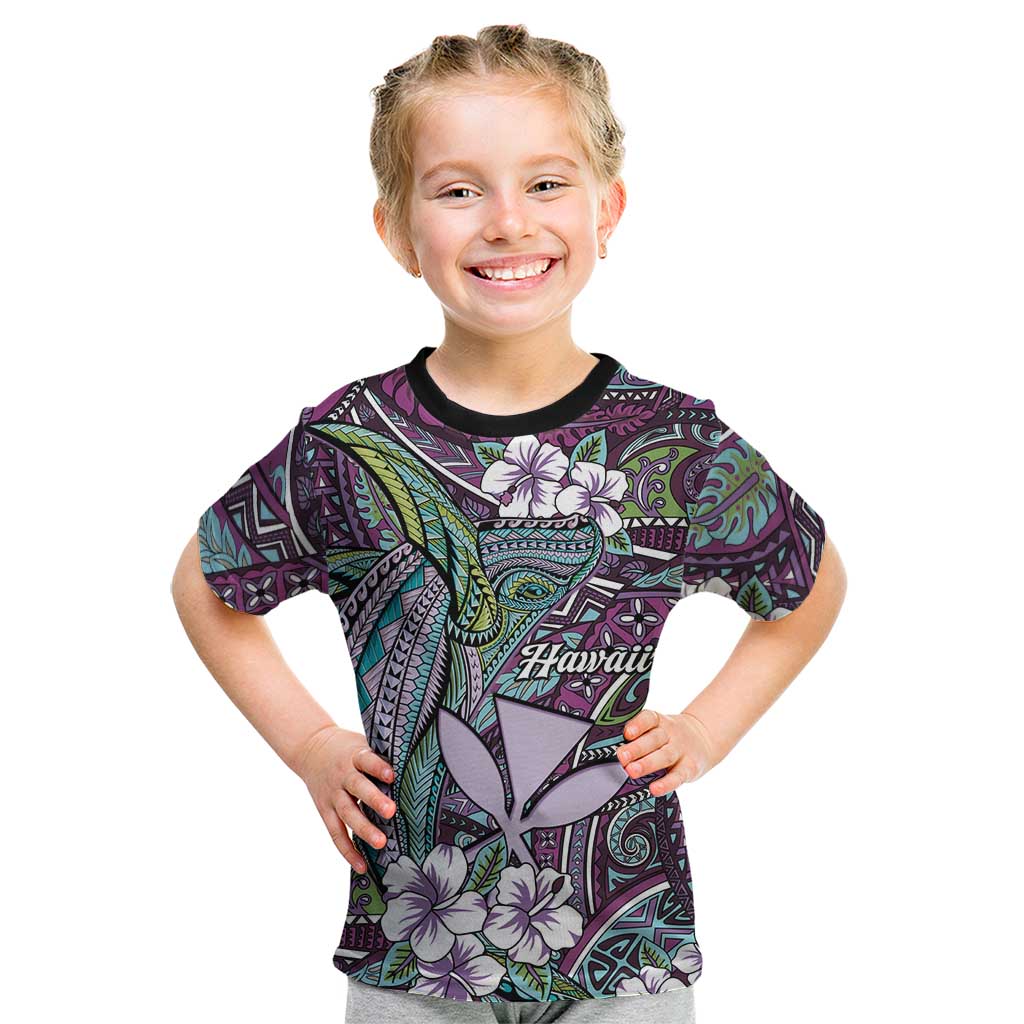 Personalised Hawaii Tribal Humpback Whale Kid T Shirt Poni Hibiscus Seamless Pattern LT9 Purple - Polynesian Pride