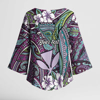 Personalised Hawaii Tribal Humpback Whale Kimono Sleeve Blouse Poni Hibiscus Seamless Pattern LT9 - Polynesian Pride