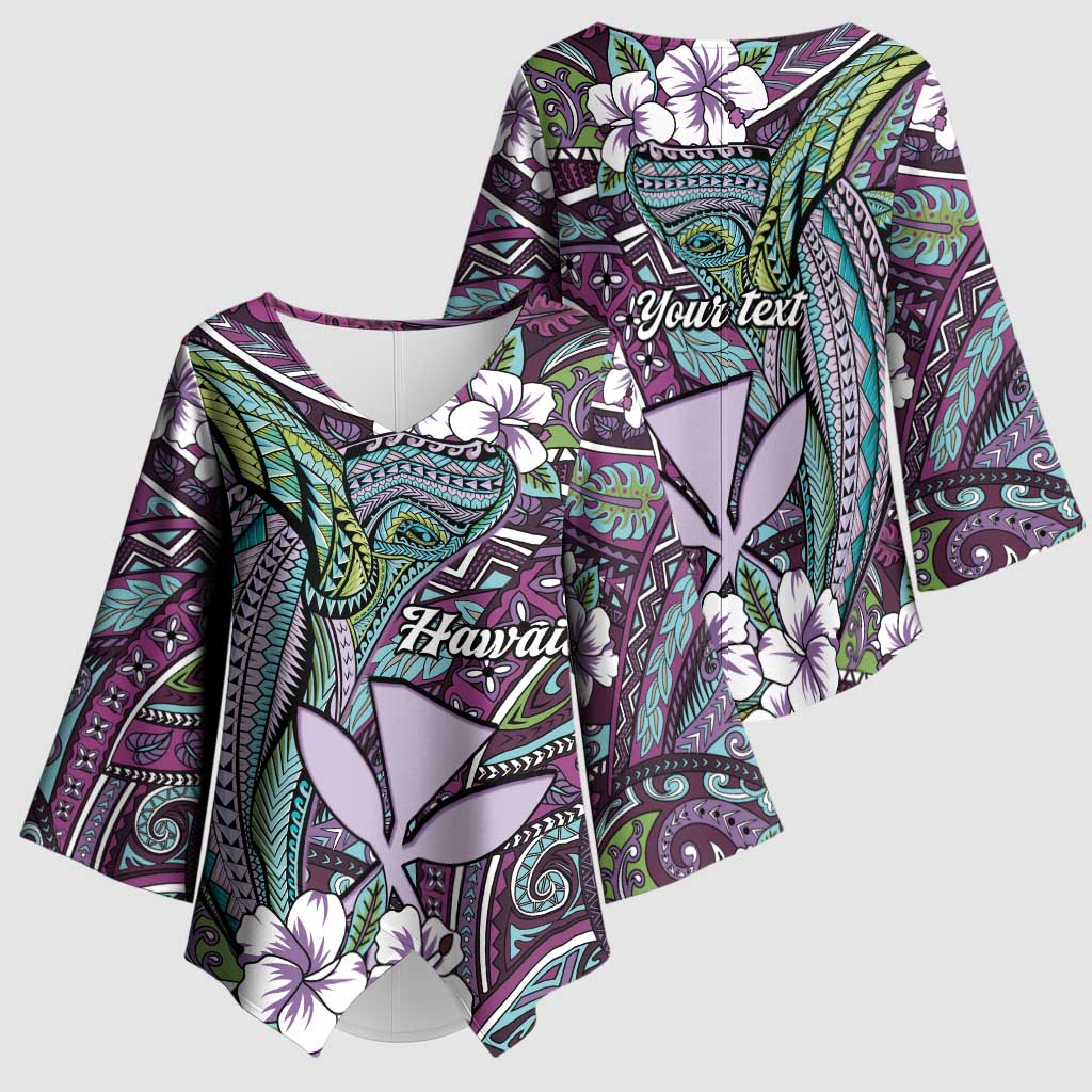 Personalised Hawaii Tribal Humpback Whale Kimono Sleeve Blouse Poni Hibiscus Seamless Pattern LT9 - Polynesian Pride