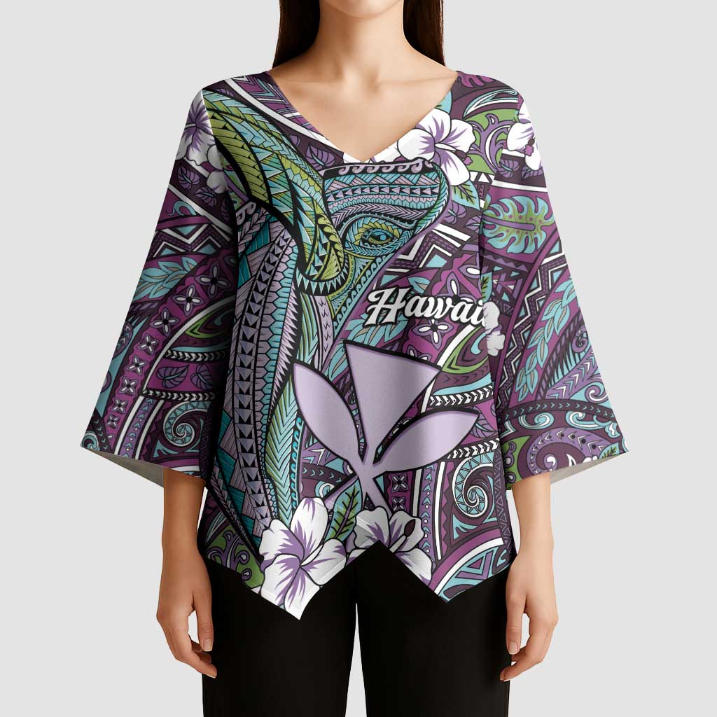 Personalised Hawaii Tribal Humpback Whale Kimono Sleeve Blouse Poni Hibiscus Seamless Pattern LT9 - Polynesian Pride
