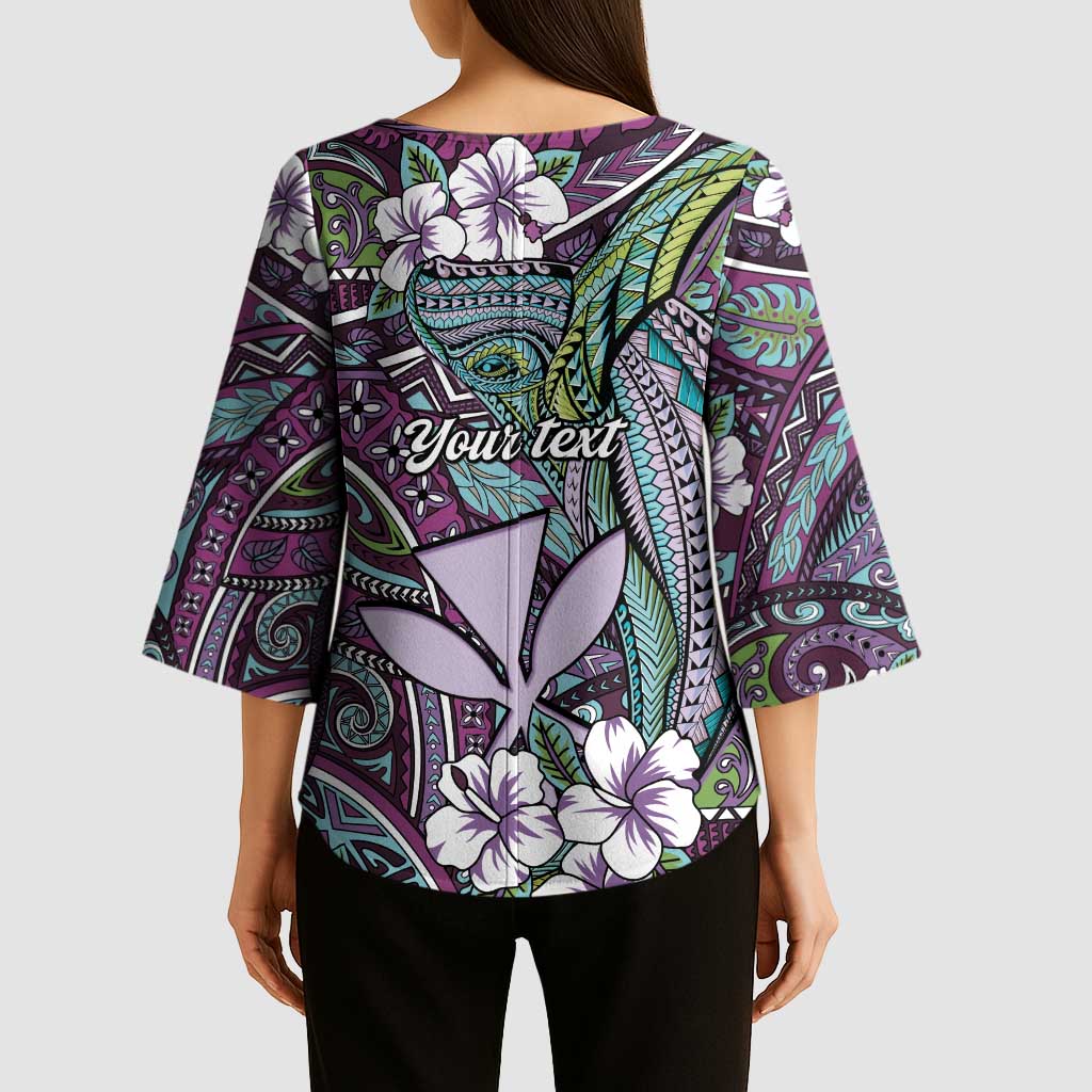 Personalised Hawaii Tribal Humpback Whale Kimono Sleeve Blouse Poni Hibiscus Seamless Pattern LT9 - Polynesian Pride