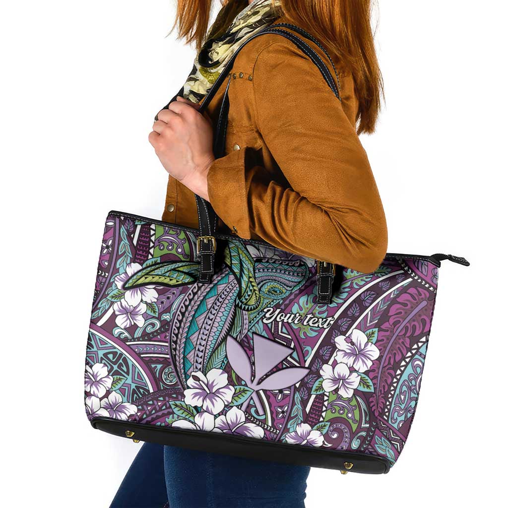 Personalised Hawaii Tribal Humpback Whale Leather Tote Bag Poni Hibiscus Seamless Pattern LT9 Purple - Polynesian Pride