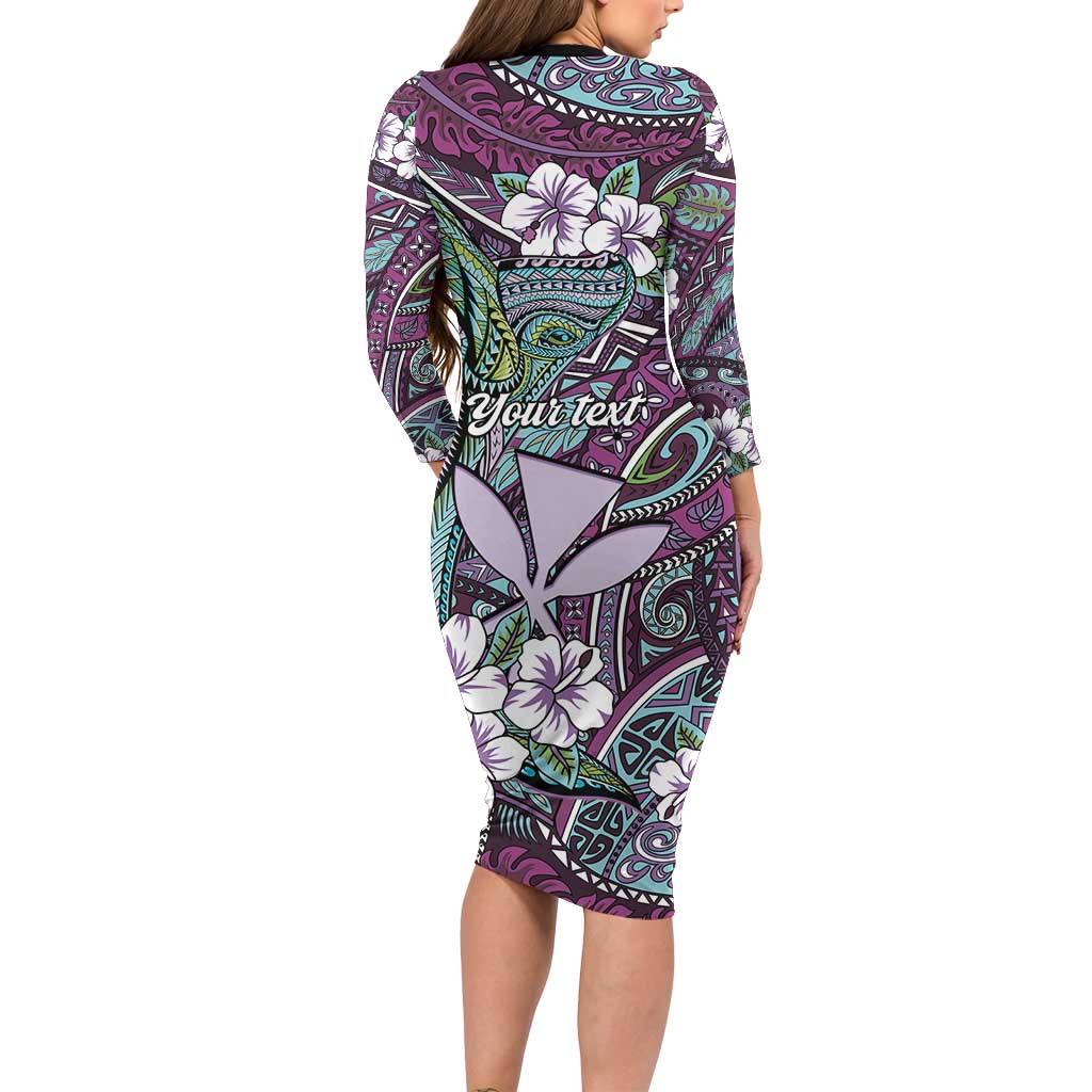 Personalised Hawaii Tribal Humpback Whale Long Sleeve Bodycon Dress Poni Hibiscus Seamless Pattern LT9 - Polynesian Pride