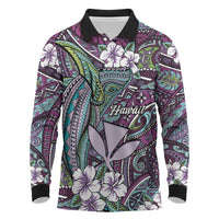 Personalised Hawaii Tribal Humpback Whale Long Sleeve Polo Shirt Poni Hibiscus Seamless Pattern LT9 Purple - Polynesian Pride