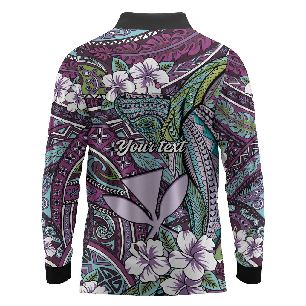 Personalised Hawaii Tribal Humpback Whale Long Sleeve Polo Shirt Poni Hibiscus Seamless Pattern LT9 - Polynesian Pride