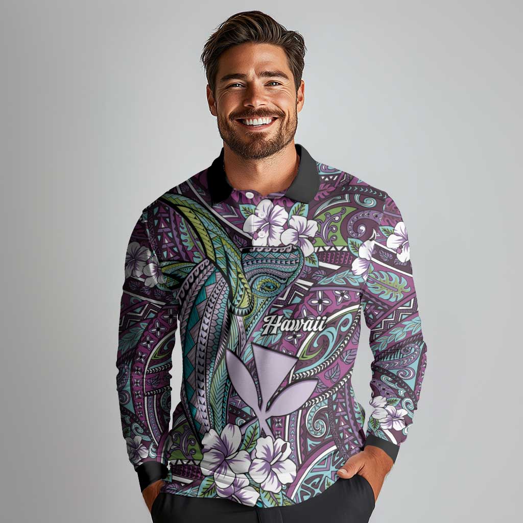 Personalised Hawaii Tribal Humpback Whale Long Sleeve Polo Shirt Poni Hibiscus Seamless Pattern LT9 - Polynesian Pride