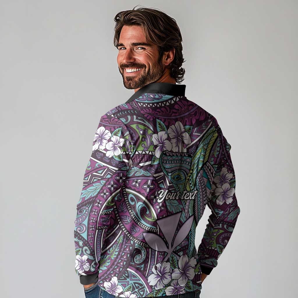 Personalised Hawaii Tribal Humpback Whale Long Sleeve Polo Shirt Poni Hibiscus Seamless Pattern LT9 - Polynesian Pride