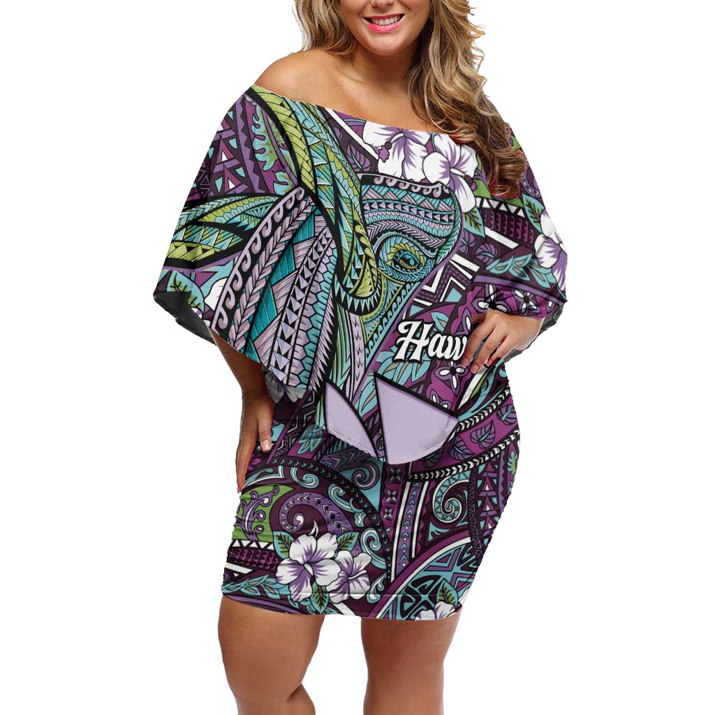 Personalised Hawaii Tribal Humpback Whale Off Shoulder Short Dress Poni Hibiscus Seamless Pattern