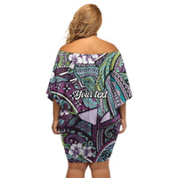 Personalised Hawaii Tribal Humpback Whale Off Shoulder Short Dress Poni Hibiscus Seamless Pattern