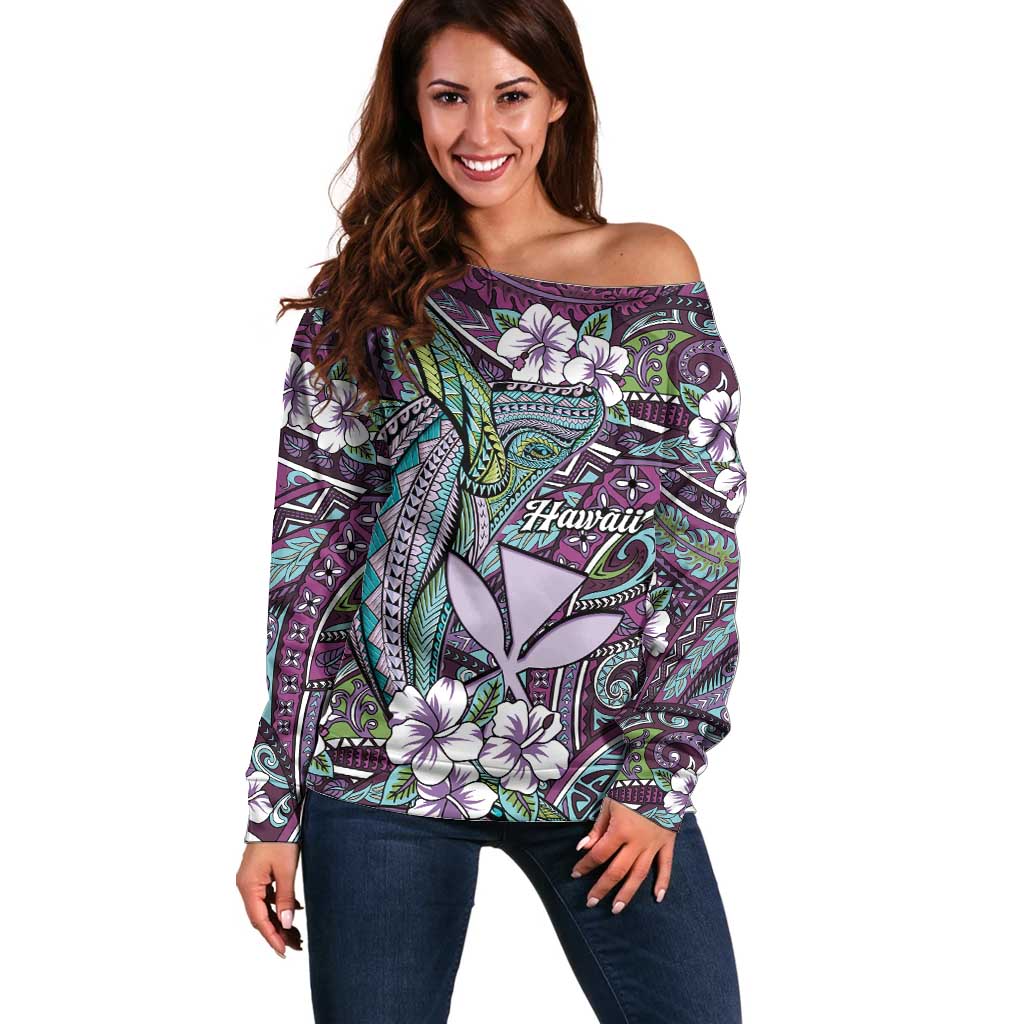 Personalised Hawaii Tribal Humpback Whale Off Shoulder Sweater Poni Hibiscus Seamless Pattern LT9 Women Purple - Polynesian Pride