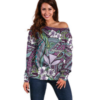 Personalised Hawaii Tribal Humpback Whale Off Shoulder Sweater Poni Hibiscus Seamless Pattern LT9 Women Purple - Polynesian Pride