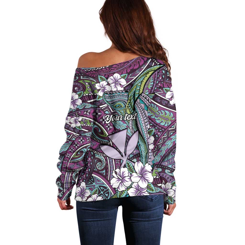 Personalised Hawaii Tribal Humpback Whale Off Shoulder Sweater Poni Hibiscus Seamless Pattern LT9 - Polynesian Pride