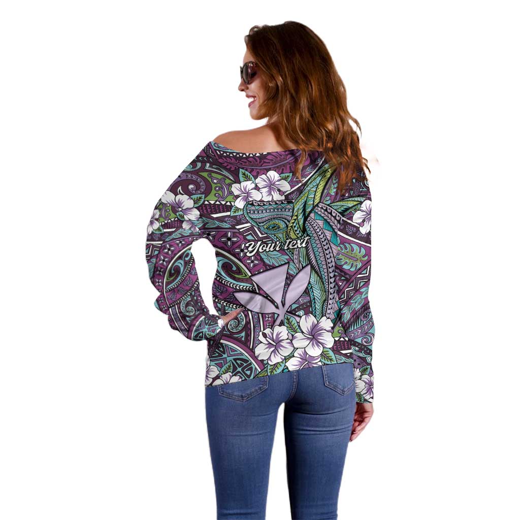 Personalised Hawaii Tribal Humpback Whale Off Shoulder Sweater Poni Hibiscus Seamless Pattern LT9 - Polynesian Pride