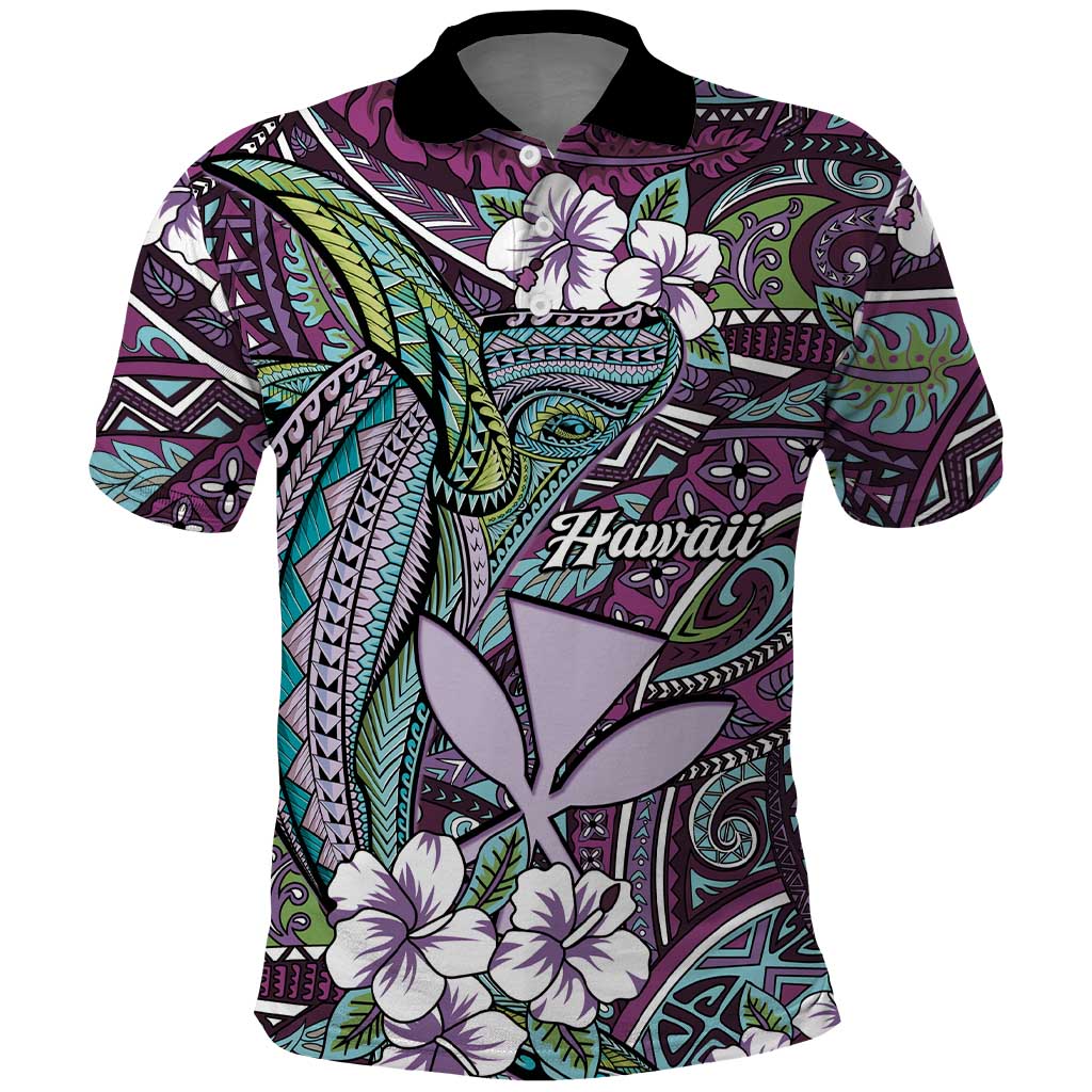 Personalised Hawaii Tribal Humpback Whale Polo Shirt Poni Hibiscus Seamless Pattern LT9 Purple - Polynesian Pride