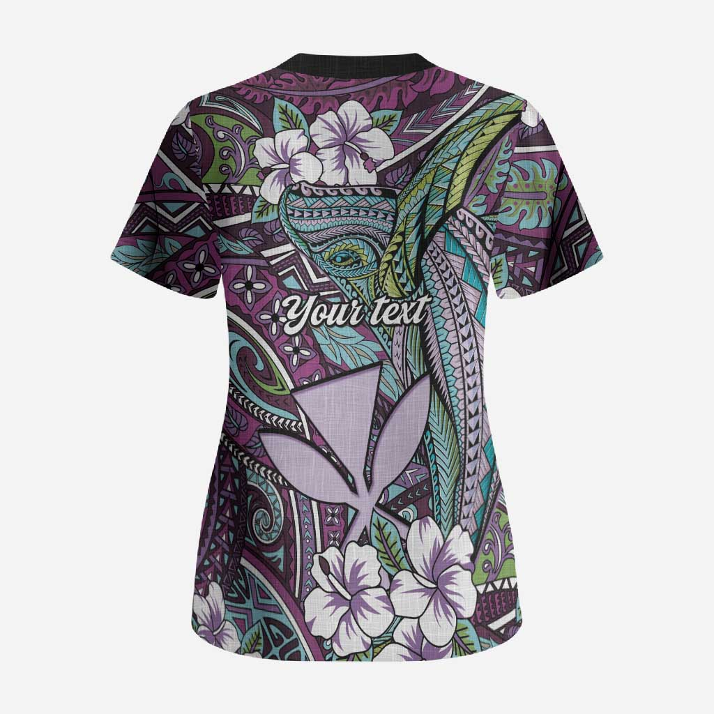 Personalised Hawaii Tribal Humpback Whale Scrub Top Poni Hibiscus Seamless Pattern LT9 - Polynesian Pride