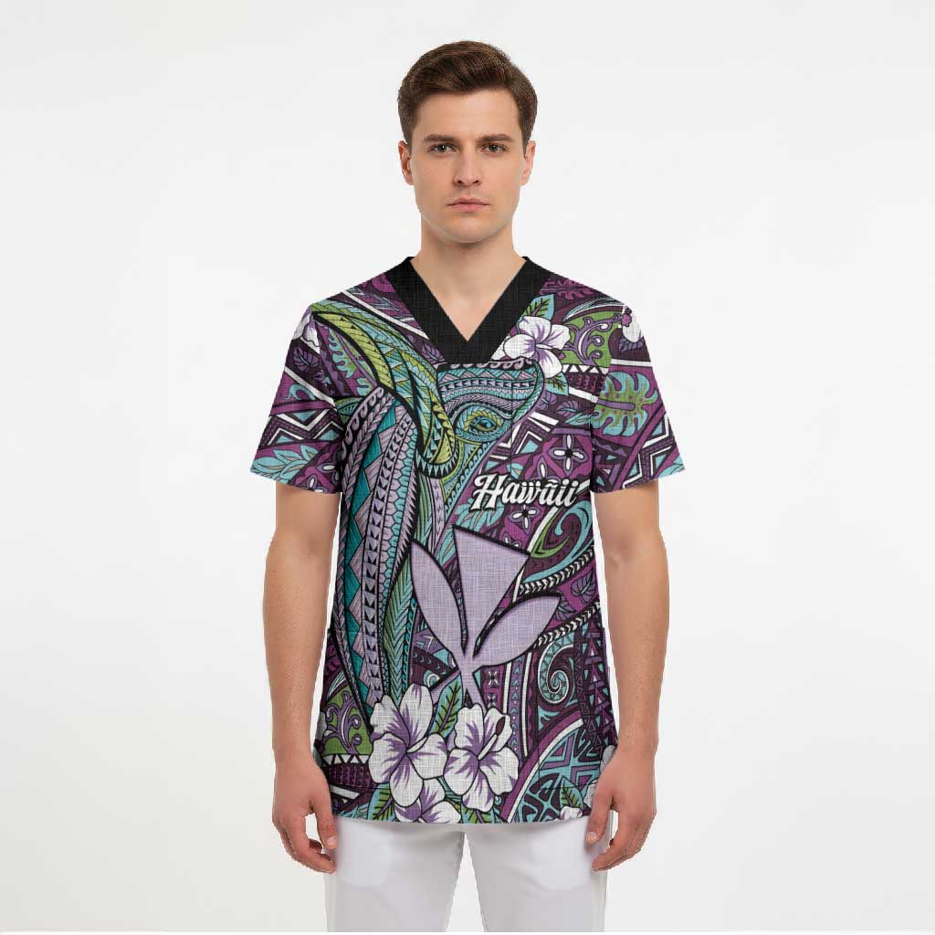 Personalised Hawaii Tribal Humpback Whale Scrub Top Poni Hibiscus Seamless Pattern LT9 - Polynesian Pride