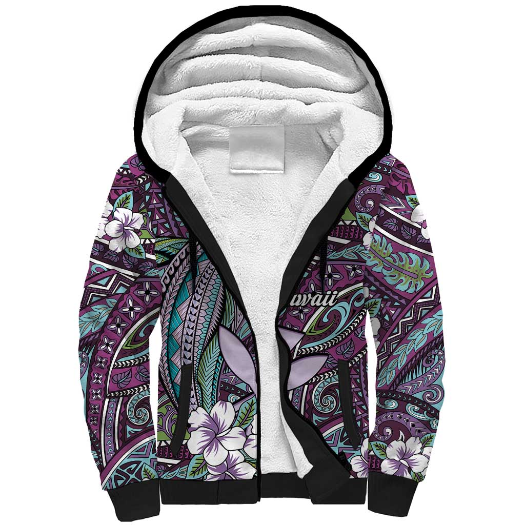 Personalised Hawaii Tribal Humpback Whale Sherpa Hoodie Poni Hibiscus Seamless Pattern LT9 Unisex Purple - Polynesian Pride