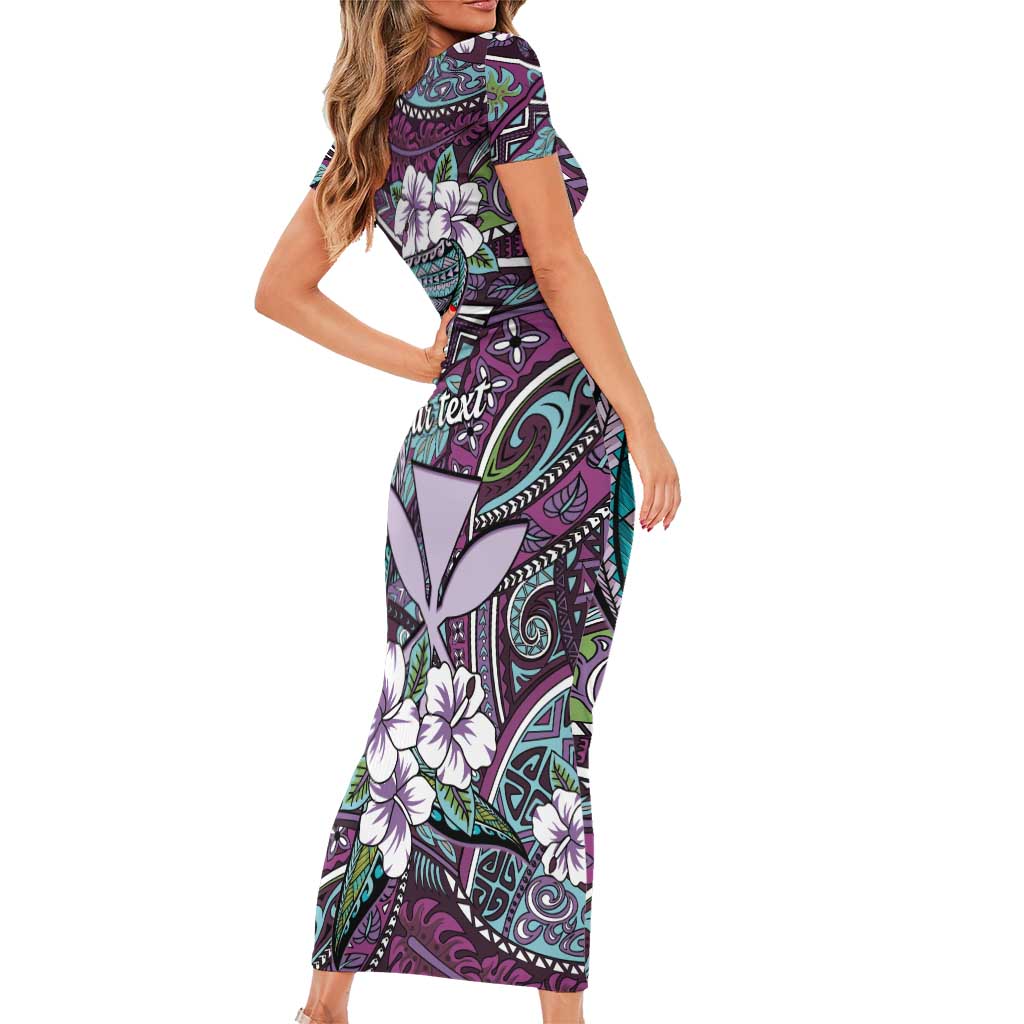 Personalised Hawaii Tribal Humpback Whale Short Sleeve Bodycon Dress Poni Hibiscus Seamless Pattern LT9 - Polynesian Pride
