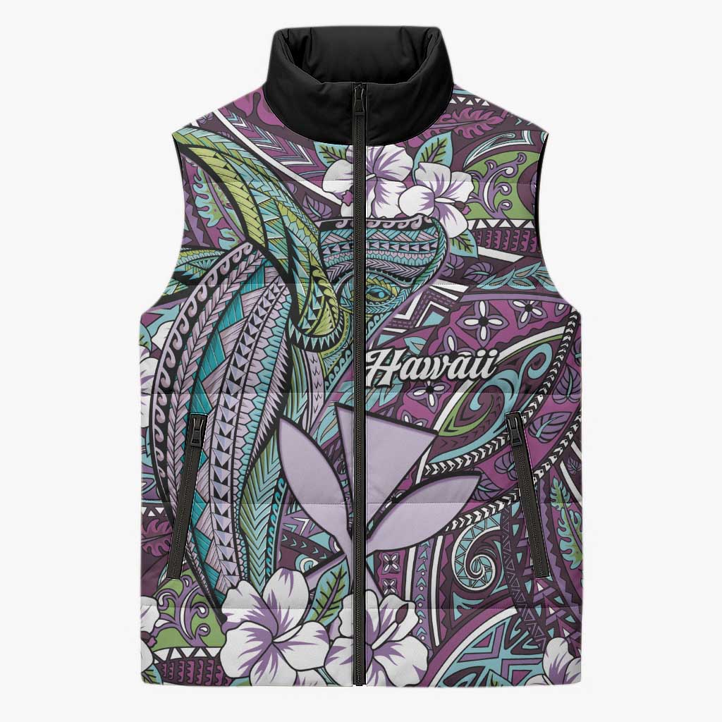 Personalised Hawaii Tribal Humpback Whale Sleeveless Puffer Jacket Poni Hibiscus Seamless Pattern LT9 Unisex Purple - Polynesian Pride