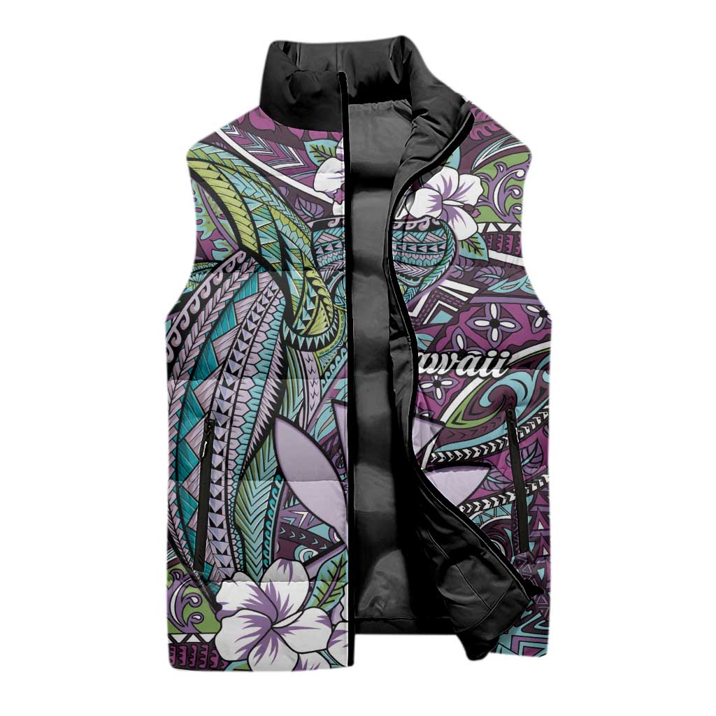 Personalised Hawaii Tribal Humpback Whale Sleeveless Puffer Jacket Poni Hibiscus Seamless Pattern LT9 - Polynesian Pride