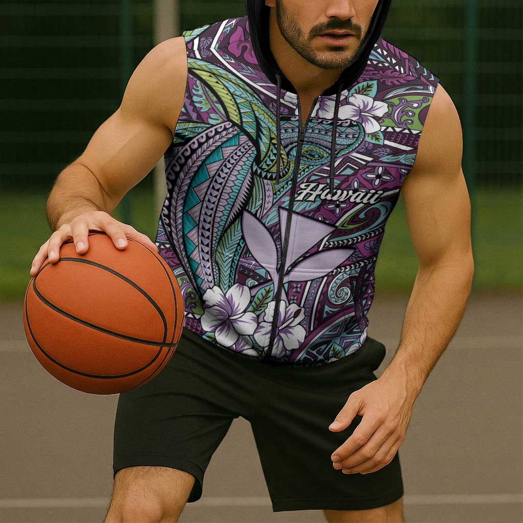 Personalised Hawaii Tribal Humpback Whale Sleeveless Zip Hoodie Poni Hibiscus Seamless Pattern LT9 - Polynesian Pride