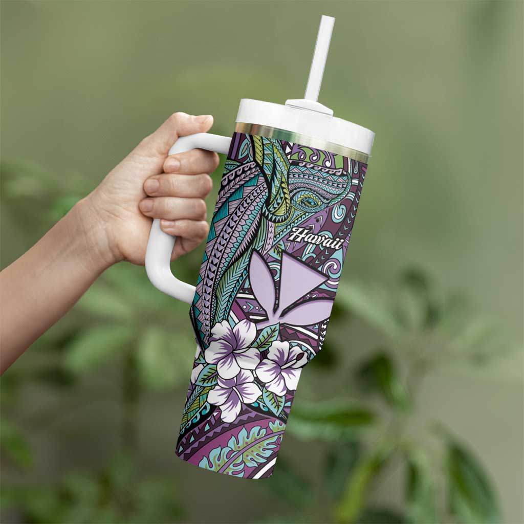Personalised Hawaii Tribal Humpback Whale Tumbler With Handle Poni Hibiscus Seamless Pattern LT9 - Polynesian Pride