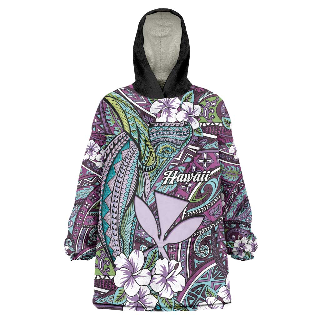 Personalised Hawaii Tribal Humpback Whale Wearable Blanket Hoodie Poni Hibiscus Seamless Pattern LT9 One Size Purple - Polynesian Pride