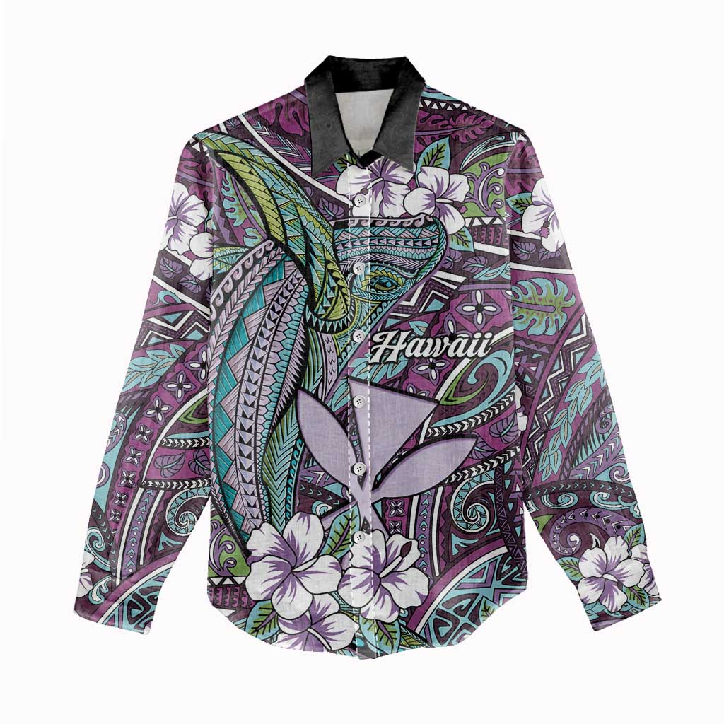 Personalised Hawaii Tribal Humpback Whale Women Casual Shirt Poni Hibiscus Seamless Pattern LT9 - Polynesian Pride