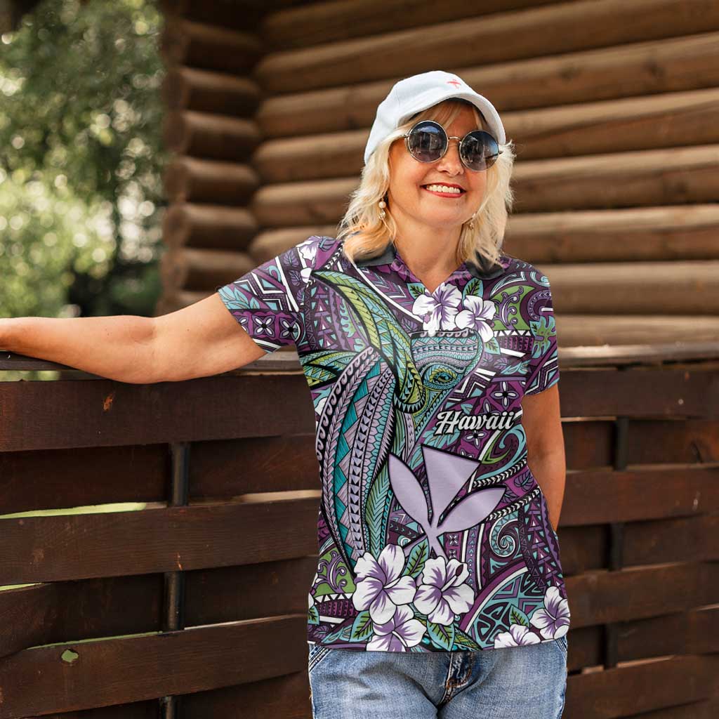 Personalised Hawaii Tribal Humpback Whale Women Polo Shirt Poni Hibiscus Seamless Pattern LT9 - Polynesian Pride