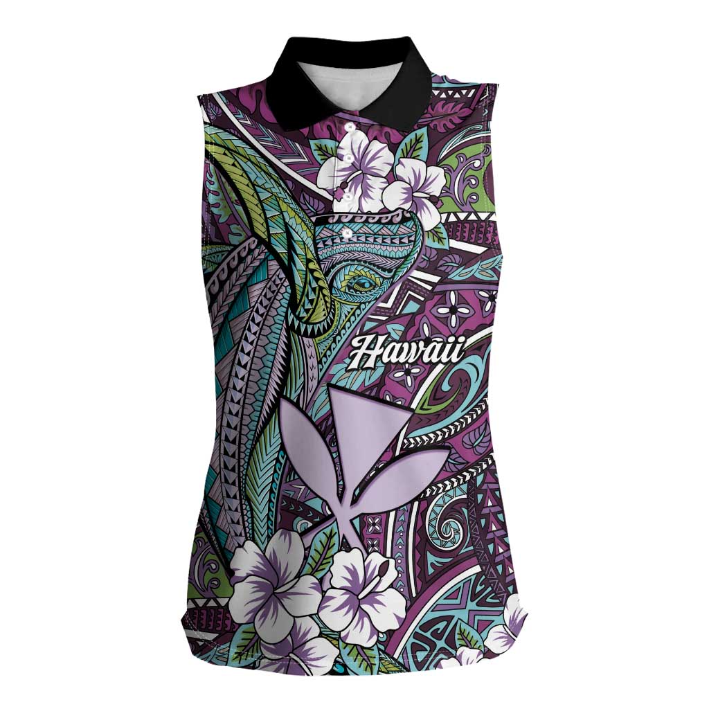 Personalised Hawaii Tribal Humpback Whale Women Sleeveless Polo Shirt Poni Hibiscus Seamless Pattern LT9 Female Purple - Polynesian Pride