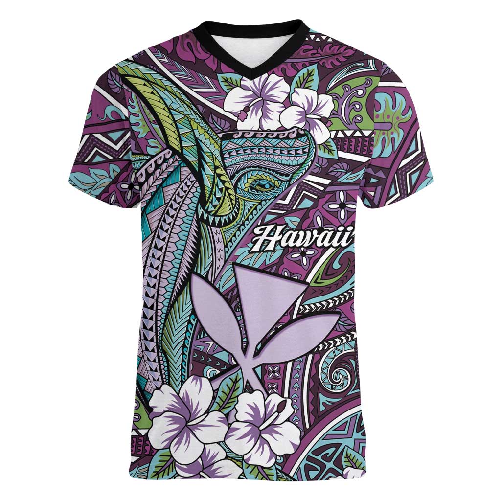 Personalised Hawaii Tribal Humpback Whale Women V-Neck T-Shirt Poni Hibiscus Seamless Pattern LT9 Female Purple - Polynesian Pride