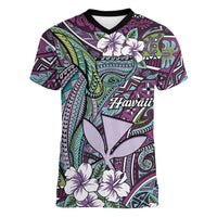 Personalised Hawaii Tribal Humpback Whale Women V-Neck T-Shirt Poni Hibiscus Seamless Pattern LT9 Female Purple - Polynesian Pride