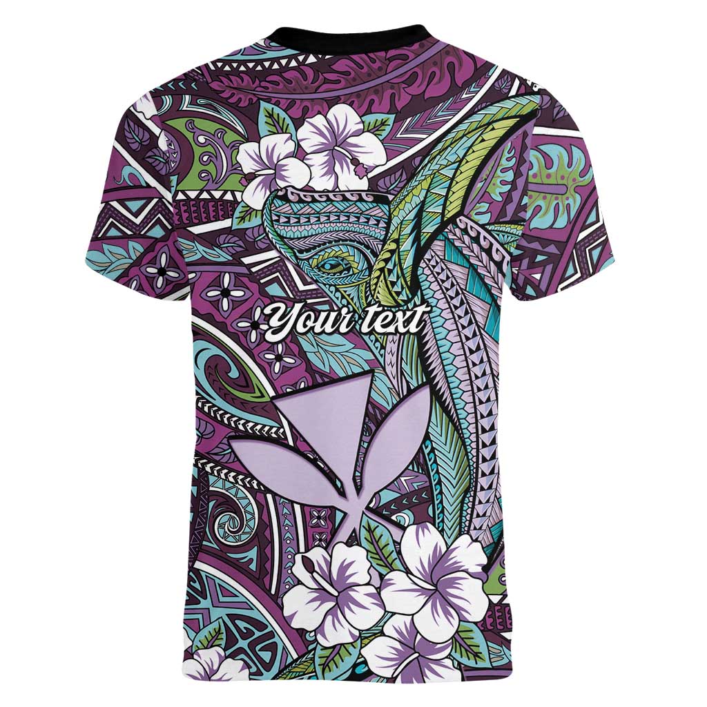 Personalised Hawaii Tribal Humpback Whale Women V-Neck T-Shirt Poni Hibiscus Seamless Pattern LT9 - Polynesian Pride