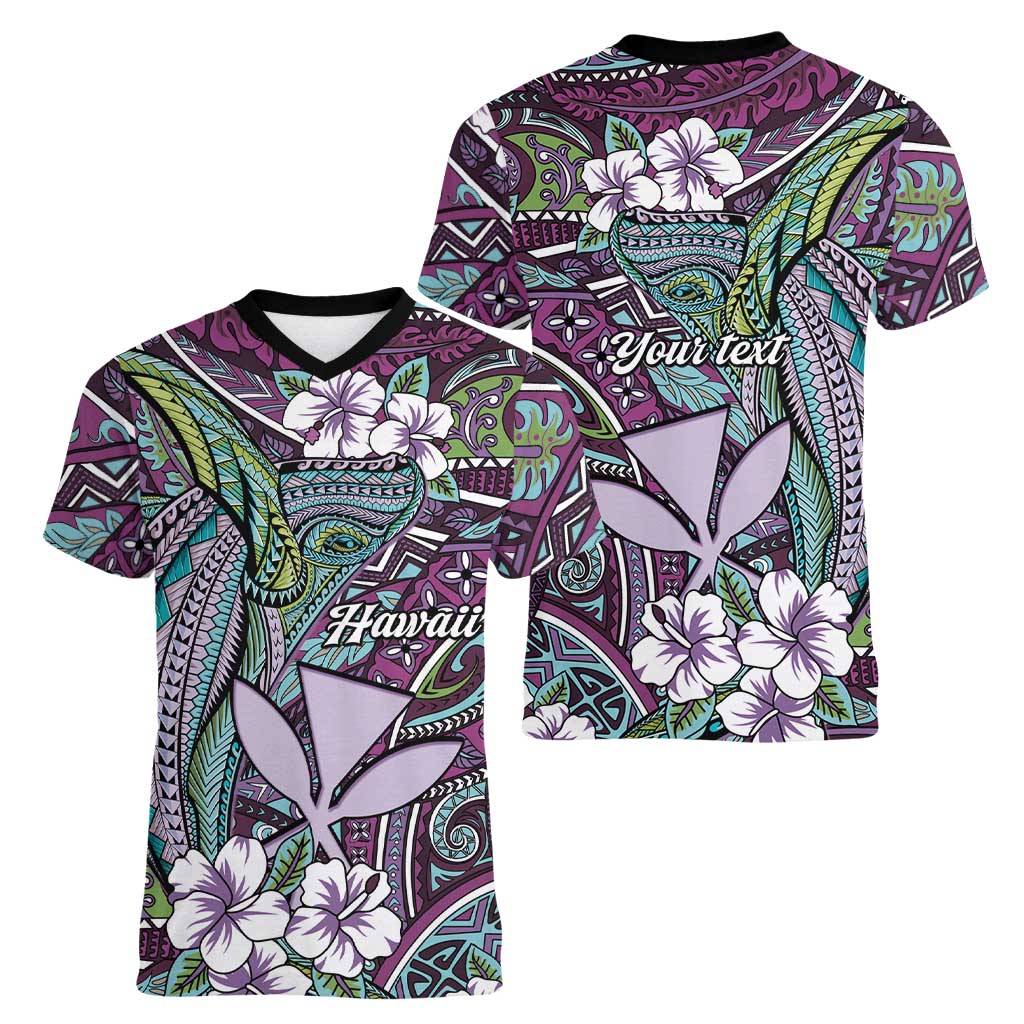Personalised Hawaii Tribal Humpback Whale Women V-Neck T-Shirt Poni Hibiscus Seamless Pattern LT9 - Polynesian Pride