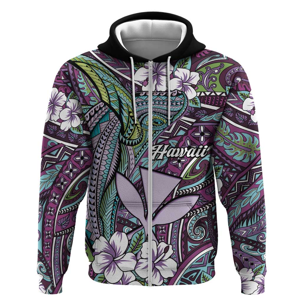 Personalised Hawaii Tribal Humpback Whale Zip Hoodie Poni Hibiscus Seamless Pattern LT9 Zip Hoodie Purple - Polynesian Pride