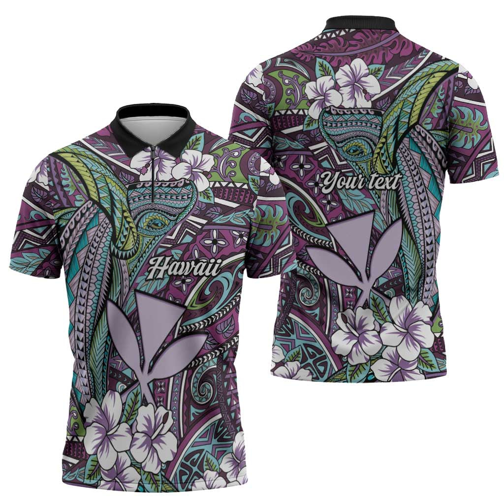 Personalised Hawaii Tribal Humpback Whale Zipper Polo Shirt Poni Hibiscus Seamless Pattern LT9 - Polynesian Pride