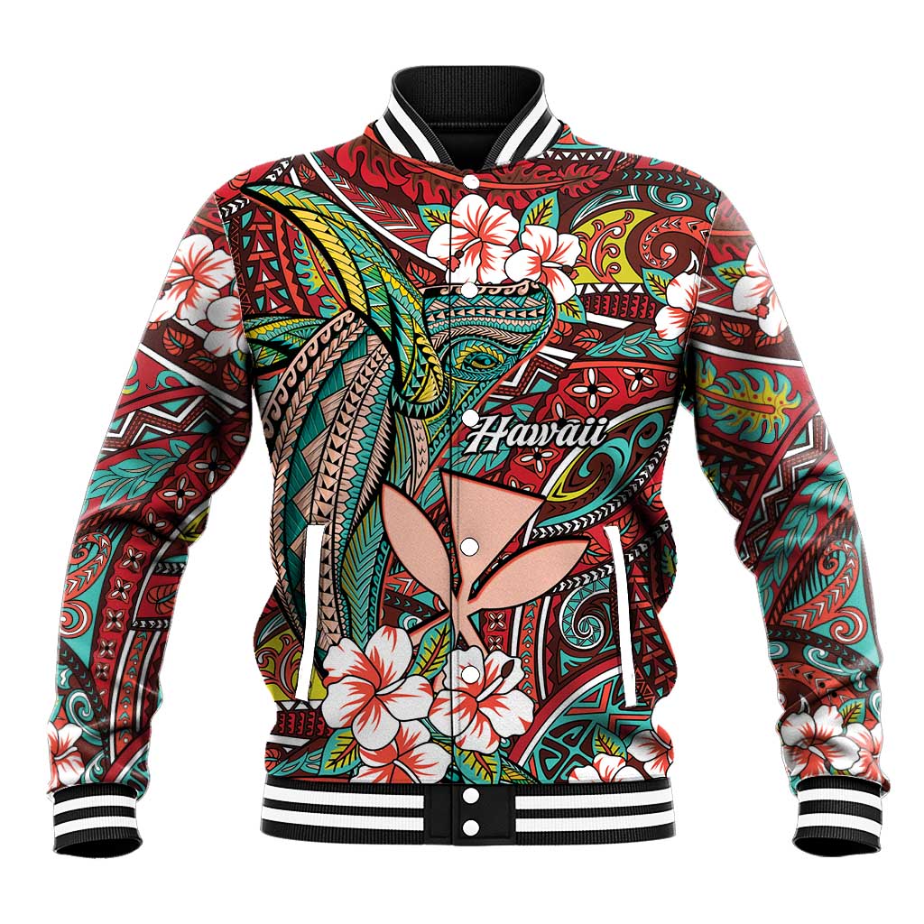 Personalised Hawaii Tribal Humpback Whale Baseball Jacket Ulaula Hibiscus Seamless Pattern LT9 Unisex Red - Polynesian Pride