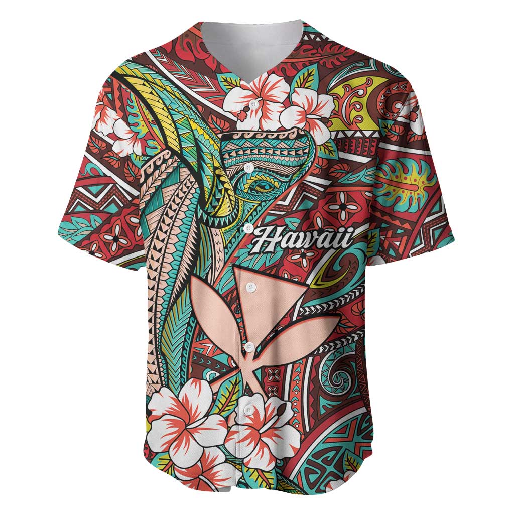 Personalised Hawaii Tribal Humpback Whale Baseball Jersey Ulaula Hibiscus Seamless Pattern LT9 Red - Polynesian Pride