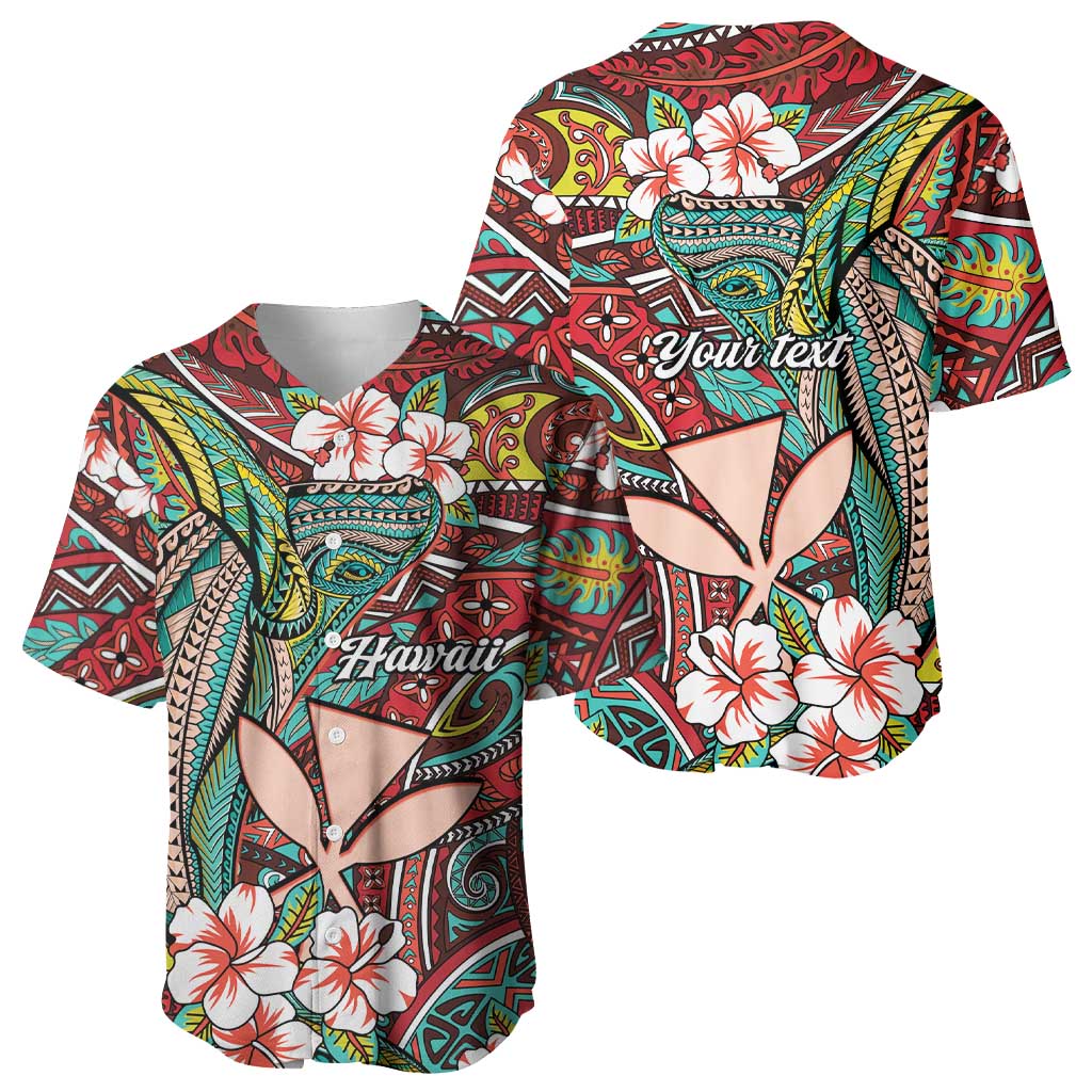 Personalised Hawaii Tribal Humpback Whale Baseball Jersey Ulaula Hibiscus Seamless Pattern LT9 - Polynesian Pride